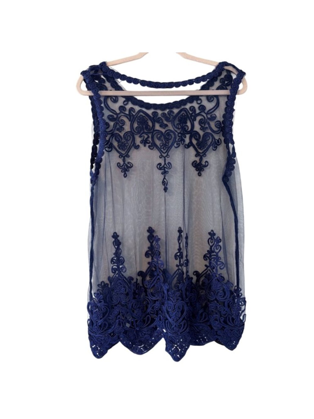 Jessica Taylor Blue Sheer Lace Embroidered Sleeveless Tunic Top Ones Sz Top - Picture 11 of 12